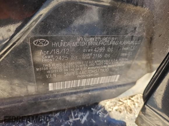 ✅ 2013 Hyundai Sonata GLS • VIN: 5NPEB4AC7DH513920 • Lot: 86528255. Listed on Copart with 238,723 mi. Free auction sales archive from the USA and detailed vehicle history report at DreamBid. Image 12.