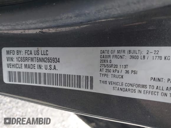 ✅ 2022 Ram 1500 Big Horn • VIN: 1C6SRFMT6NN265934 • Lot: 43263308. Listed on IAAI with 39,386 mi. Free auction sales archive from the USA and detailed vehicle history report at DreamBid. Image 9.