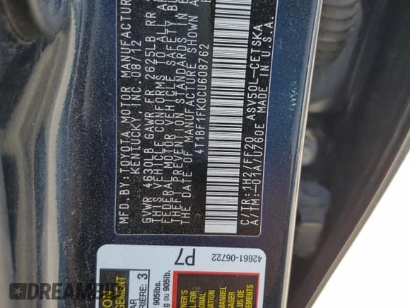 ✅ 2012 Toyota Camry XLE • VIN: 4T1BF1FK0CU608762 • Lot: 87367555. Wystawiony na Copart z przebiegiem 79 220 mil. Bezpłatny archiwum sprzedaży aukcyjnych z USA i szczegółowy raport historii pojazdu na DreamBid. Zdjęcie 12.