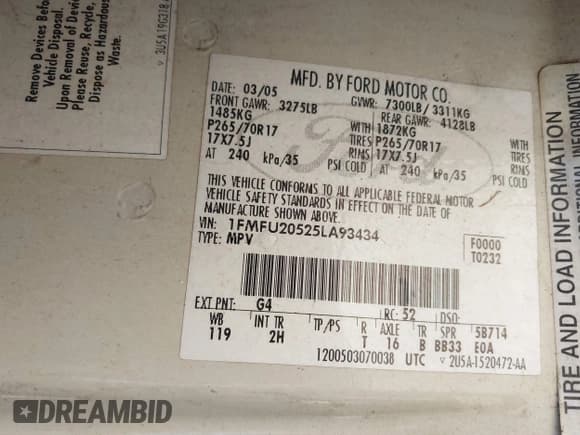 ✅ 2005 Ford Expedition Limited • VIN: 1FMFU20525LA93434 • Lot: 41787625. Listed on IAAI with 242,057 mi. Free auction sales archive from the USA and detailed vehicle history report at DreamBid. Image 9.