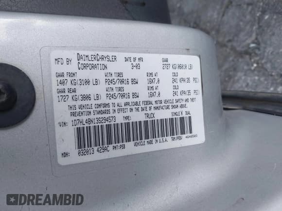 ✅ 2003 Dodge Dakota SLT • VIN: 1D7HL48N13S294573 • Lot: 41291127. Wystawiony na IAAI z przebiegiem 227 355 mil. Bezpłatny archiwum sprzedaży aukcyjnych z USA i szczegółowy raport historii pojazdu na DreamBid. Zdjęcie 9.