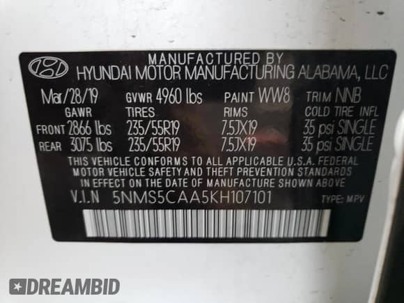 2019 Hyundai Santa Fe Ultimate z VIN 5NMS5CAA5KH107101, wystawiony jako Copart lot #36755253 z przebiegiem 43 696 mil mil oraz . Historia ofert i sprzedaży dostępna na DreamBid. Obrazek 15.