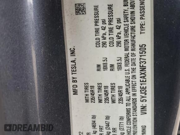 ✅ 2022 Tesla Model 3 • VIN: 5YJ3E1EAXNF371505 • Lot: 60974425. Wystawiony na Copart z przebiegiem 112 742 mil. Bezpłatny archiwum sprzedaży aukcyjnych z USA i szczegółowy raport historii pojazdu na DreamBid. Zdjęcie 12.