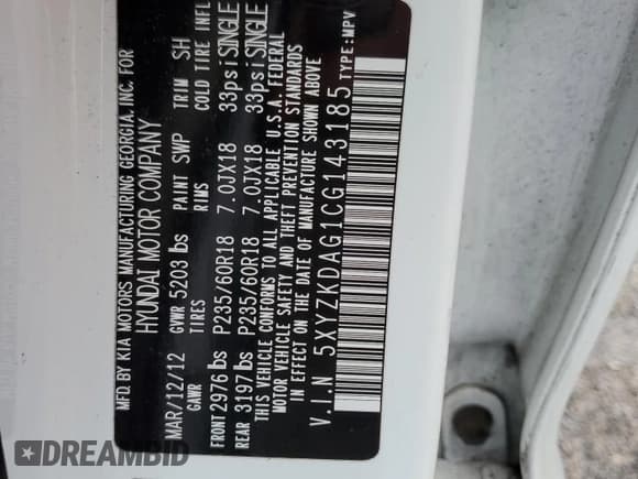 ✅ 2012 Hyundai Santa Fe Limited • VIN: 5XYZKDAG1CG143185 • Lot: 74531934. Listed on Copart with 186,312 mi. Free auction sales archive from the USA and detailed vehicle history report at DreamBid. Image 13.