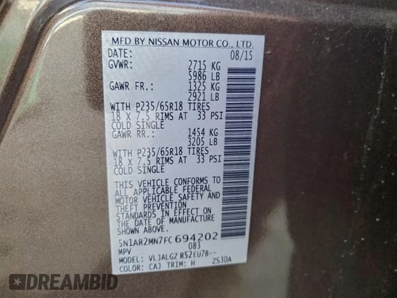 ✅ 2015 Nissan Pathfinder SV • VIN: 5N1AR2MN7FC694202 • Lot: 94052755. Listed on Copart with 131,702 mi. Free auction sales archive from the USA and detailed vehicle history report at DreamBid. Image 13.