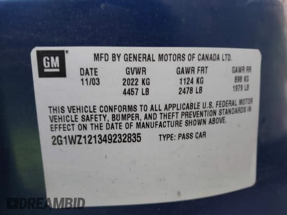 ✅ 2004 Chevrolet Monte Carlo SS Supercharged • VIN: 2G1WZ121349232835 • Lot: 43708398. Listed on IAAI with 290,757 mi. Free auction sales archive from the USA and detailed vehicle history report at DreamBid. Image 9.