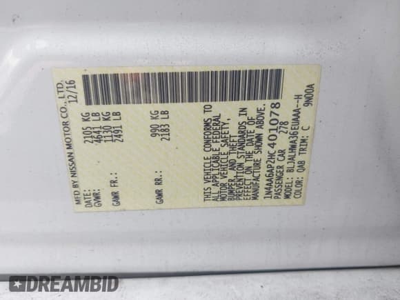 ✅ 2017 Nissan Maxima S • VIN: 1N4AA6AP2HC401078 • Lot: 42228867. Listed on IAAI with 140,369 mi. Free auction sales archive from the USA and detailed vehicle history report at DreamBid. Image 9.