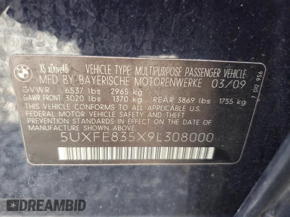 ✅ 2009 BMW X5 48i • VIN: 5UXFE835X9L308000 • Lot: 71447355. Listed on Copart with 160,092 mi. Free auction sales archive from the USA and detailed vehicle history report at DreamBid. Image 14.