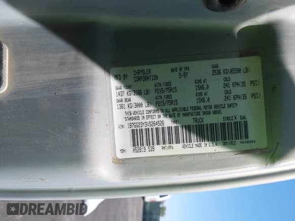 1997 Dodge Dakota с VIN 1B7GG23Y3VS264526, выставлен на аукционе IAAI как лот 42315730 с пробегом 234 112 миль миль и . История ставок и продаж доступна на DreamBid. Изображение 9.