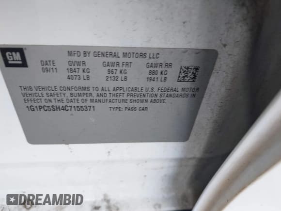 ✅ 2012 Chevrolet Cruze LS • VIN: 1G1PC5SH4C7155371 • Лот: 42948192. Опубликован ранее на IAAI с пробегом 143 376 миль. Бесплатный доступ к архиву аукционных продаж из США и подробный отчёт об истории автомобиля на DreamBid. Изображение 9.