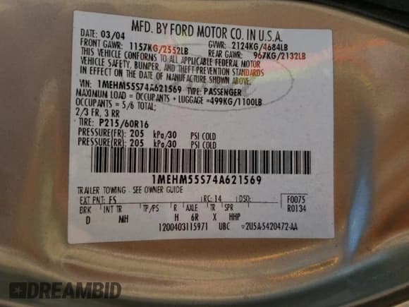 ✅ 2004 Mercury Sable LS Premium • VIN: 1MEHM55S74A621569 • Lot: 58057525. Listed on Copart with Not provided. Free auction sales archive from the USA and detailed vehicle history report at DreamBid. Image 13.