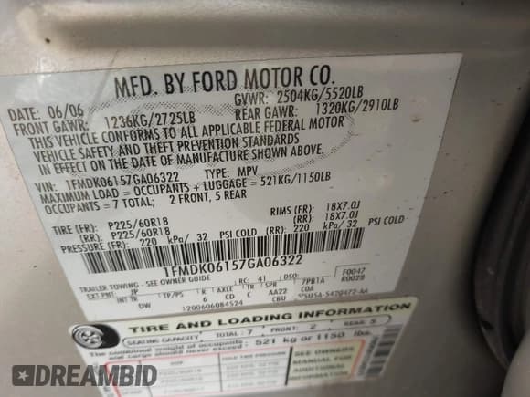 ✅ 2007 Ford Freestyle Limited • VIN: 1FMDK06157GA06322 • Lot: 42169563. Wystawiony na IAAI z przebiegiem 228 211 mil. Bezpłatny archiwum sprzedaży aukcyjnych z USA i szczegółowy raport historii pojazdu na DreamBid. Zdjęcie 9.