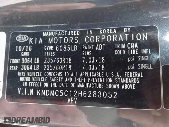 ✅ 2017 Kia Sedona EX • VIN: KNDMC5C12H6283052 • Lot: 40749961. Listed on IAAI with 146,996 mi. Free auction sales archive from the USA and detailed vehicle history report at DreamBid. Image 9.