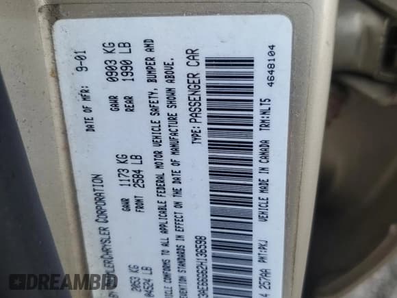 ✅ 2002 Chrysler 300M M • VIN: 2C3AE66G62H136598 • Lot: 63236195. Wystawiony na Copart z przebiegiem 131 696 mil. Bezpłatny archiwum sprzedaży aukcyjnych z USA i szczegółowy raport historii pojazdu na DreamBid. Zdjęcie 12.