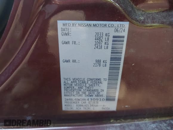 ✅ 2024 Nissan Altima SV • VIN: 1N4BL4DW1RN430910 • Лот: 43017571. Опубликован ранее на IAAI с пробегом 15 314 миль. Бесплатный доступ к архиву аукционных продаж из США и подробный отчёт об истории автомобиля на DreamBid. Изображение 9.