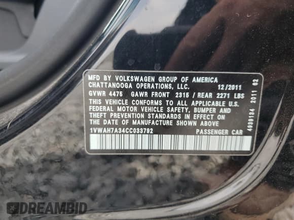 ✅ 2012 Volkswagen Passat S • VIN: 1VWAH7A34CC033792 • Lot: 53270745. Listed on Copart with 181,604 mi. Free auction sales archive from the USA and detailed vehicle history report at DreamBid. Image 12.