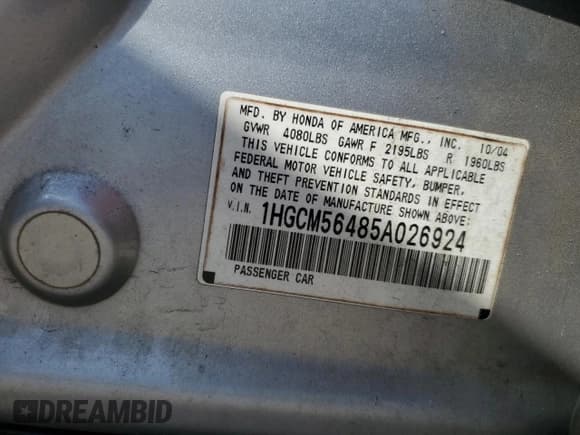 ✅ 2005 Honda Accord LX • VIN: 1HGCM56485A026924 • Lot: 71842155. Listed on Copart with 315,732 mi. Free auction sales archive from the USA and detailed vehicle history report at DreamBid. Image 12.