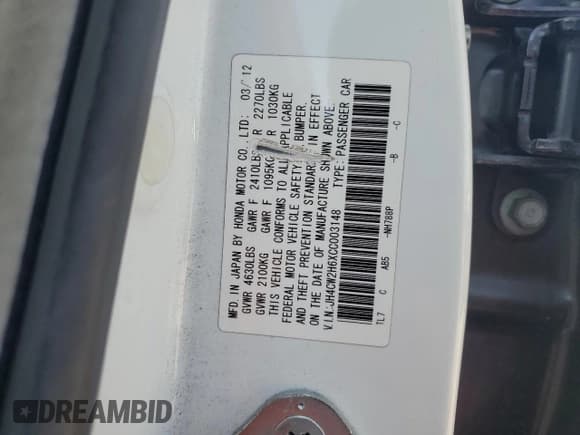 ✅ 2012 Acura TSX Technology • VIN: JH4CW2H6XCC003148 • Lot: 60665715. Wystawiony na Copart z przebiegiem Nie podano. Bezpłatny archiwum sprzedaży aukcyjnych z USA i szczegółowy raport historii pojazdu na DreamBid. Zdjęcie 12.