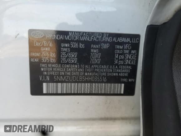 ✅ 2017 Hyundai Santa Fe 2.4L • VIN: 5NMZUDLB5HH035516 • Lot: 92186305. Listed on Copart with 158,230 mi. Free auction sales archive from the USA and detailed vehicle history report at DreamBid. Image 12.