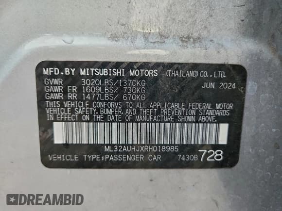 ✅ 2024 Mitsubishi Mirage ES • VIN: ML32AUHJXRH018985 • Lot: 95510945. Listed on Copart with 34,805 mi. Free auction sales archive from the USA and detailed vehicle history report at DreamBid. Image 13.