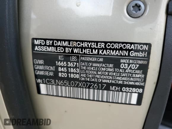 ✅ 2007 Chrysler Crossfire Limited • VIN: 1C3LN65L07X072617 • Lot: 51531025. Listed on Copart with 63,461 mi. Free auction sales archive from the USA and detailed vehicle history report at DreamBid. Image 12.