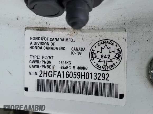 ✅ 2009 Honda Civic EX-L • VIN: 2HGFA16059H013292 • Lot: 92304215. Listed on Copart with 242,128 mi. Free auction sales archive from the USA and detailed vehicle history report at DreamBid. Image 12.