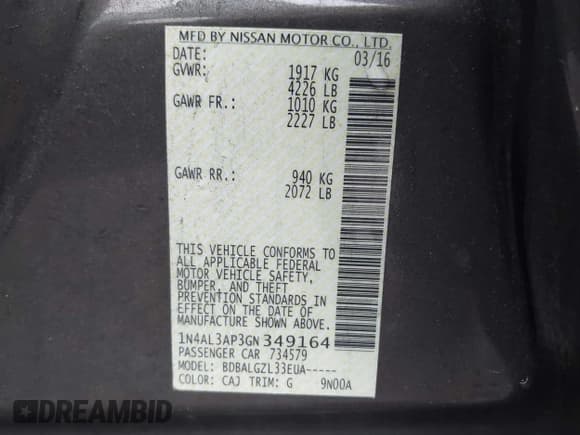 ✅ 2016 Nissan Altima S • VIN: 1N4AL3AP3GN349164 • Lot: 43295845. Listed on IAAI with 197,412 mi. Free auction sales archive from the USA and detailed vehicle history report at DreamBid. Image 9.