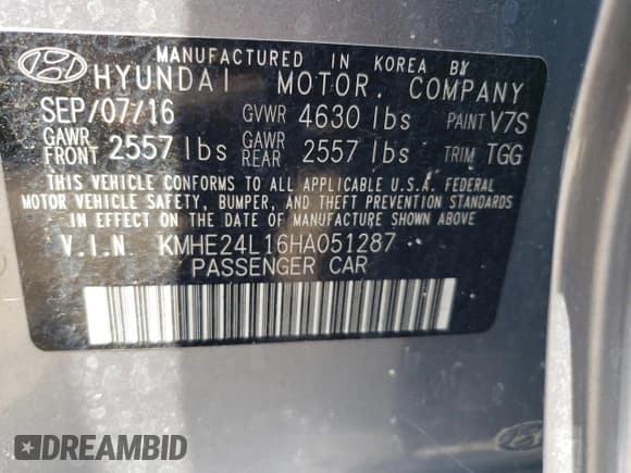 ✅ 2017 Hyundai Sonata SE • VIN: KMHE24L16HA051287 • Lot: 58241113. Listed on Copart with 76,182 mi. Free auction sales archive from the USA and detailed vehicle history report at DreamBid. Image 12.