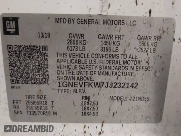 2018 Chevrolet Traverse LS with VIN 1GNEVFKW7JJ232142, listed as a IAAI auction lot 43253627 with 166,362 mi miles and . Bid and sale history available at DreamBid. Image 9.