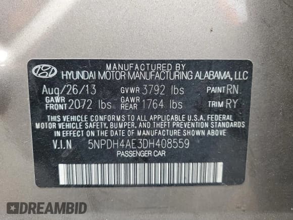 ✅ 2013 Hyundai Elantra Limited • VIN: 5NPDH4AE3DH408559 • Lot: 63345115. Listed on Copart with 122,264 mi. Free auction sales archive from the USA and detailed vehicle history report at DreamBid. Image 12.