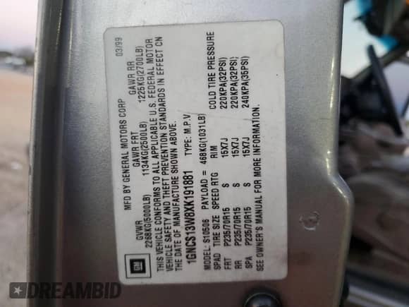 ✅ 1999 Chevrolet Blazer • VIN: 1GNCS13W8XK191881 • Lot: 47458045. Listed on Copart with 446,250 mi miles. Access the free auction sales archive from the USA and view a detailed vehicle history report at DreamBid. Image 14.