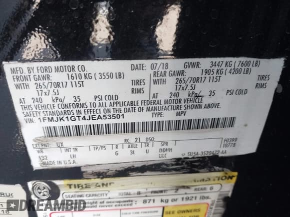 ✅ 2018 Ford Expedition Max XL • VIN: 1FMJK1GT4JEA53501 • Lot: 41822414. Wystawiony na IAAI z przebiegiem 60 352 mil. Bezpłatny archiwum sprzedaży aukcyjnych z USA i szczegółowy raport historii pojazdu na DreamBid. Zdjęcie 9.