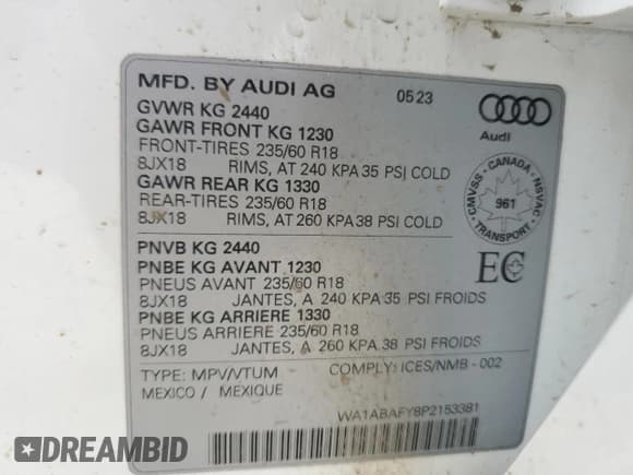 ✅ 2023 Audi Q5 Premium • VIN: WA1ABAFY8P2153381 • Lot: 62631785. Wystawiony na Copart z przebiegiem 52 111 mil. Bezpłatny archiwum sprzedaży aukcyjnych z USA i szczegółowy raport historii pojazdu na DreamBid. Zdjęcie 14.