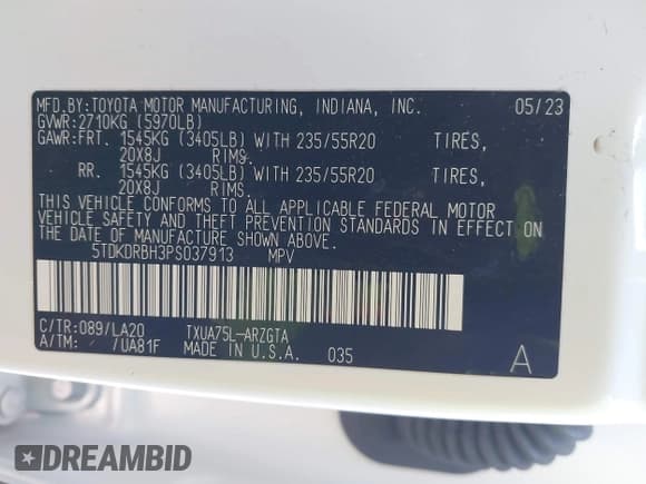 ✅ 2023 Toyota Highlander XLE • VIN: 5TDKDRBH3PS037913 • Лот: 43462166. Опубликован ранее на IAAI с пробегом 28 201 миль. Бесплатный доступ к архиву аукционных продаж из США и подробный отчёт об истории автомобиля на DreamBid. Изображение 9.