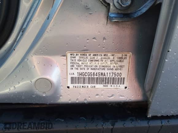 1998 Honda Accord LX с VIN 1HGCG5645WA117500, выставлен на аукционе IAAI как лот 43476645 с пробегом 211 265 миль миль и . История ставок и продаж доступна на DreamBid. Изображение 9.