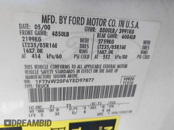 ✅ 2000 Ford F-250 XL • VIN: 1FTNW20F6YED97877 • Lot: 42864486. Listed on IAAI with 487,008 mi. Free auction sales archive from the USA and detailed vehicle history report at DreamBid. Image 9.