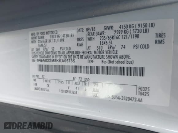 ✅ 2019 Ford Transit Passenger XL • VIN: 1FBAX2XM8KKA05785 • Лот: 43103934. Опубликован ранее на IAAI с пробегом 136 221 миль. Бесплатный доступ к архиву аукционных продаж из США и подробный отчёт об истории автомобиля на DreamBid. Изображение 9.