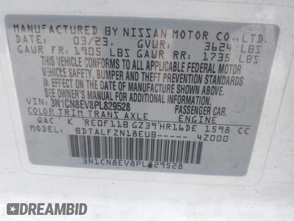 ✅ 2023 Nissan Versa SV • VIN: 3N1CN8EV8PL829528 • Lot: 43267857. Wystawiony na IAAI z przebiegiem 39 849 mil. Bezpłatny archiwum sprzedaży aukcyjnych z USA i szczegółowy raport historii pojazdu na DreamBid. Zdjęcie 9.