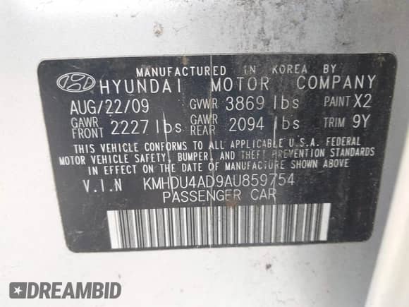 2010 Hyundai Elantra SE with VIN KMHDU4AD9AU859754, listed as a IAAI auction lot 41897892 with 201,007 mi miles and . Bid and sale history available at DreamBid. Image 9.
