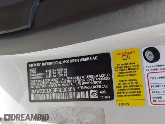 ✅ 2023 BMW 2 Series 230i • VIN: 3MW23CM03P8D30465 • Lot: 43056268. Listed on IAAI with 13,767 mi. Free auction sales archive from the USA and detailed vehicle history report at DreamBid. Image 8.