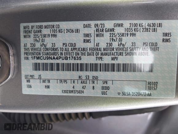 ✅ 2023 Ford Escape ST-Line Select • VIN: 1FMCU9NA4PUB17635 • Lot: 42391475. Listed on IAAI with 25,383 mi. Free auction sales archive from the USA and detailed vehicle history report at DreamBid. Image 9.