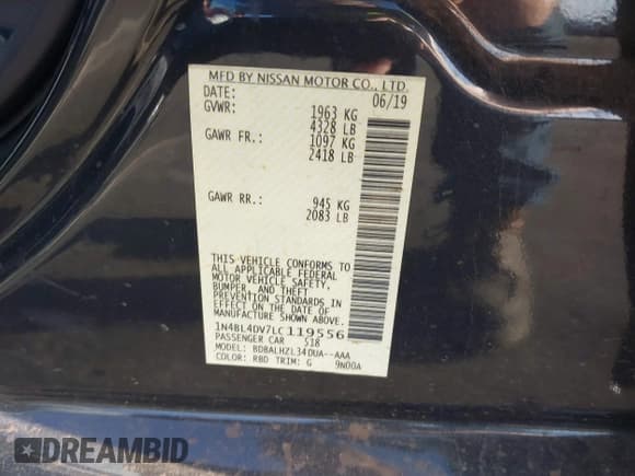 ✅ 2020 Nissan Altima SV • VIN: 1N4BL4DV7LC119556 • Lot: 41692019. Listed on IAAI with 89,516 mi. Free auction sales archive from the USA and detailed vehicle history report at DreamBid. Image 9.