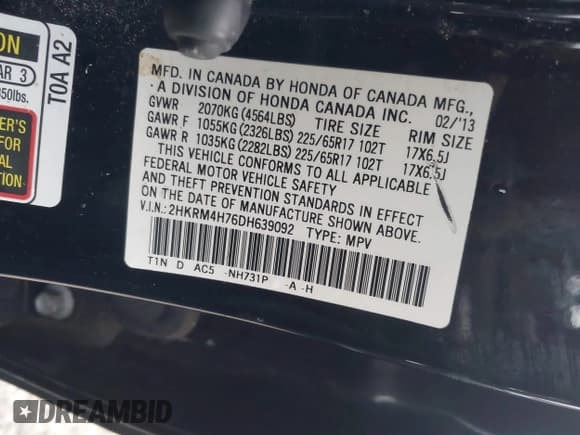 ✅ 2013 Honda CR-V EX-L • VIN: 2HKRM4H76DH639092 • Lot: 43667158. Listed on IAAI with 215,245 mi. Free auction sales archive from the USA and detailed vehicle history report at DreamBid. Image 9.