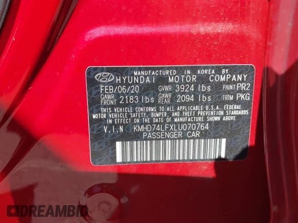 ✅ 2020 Hyundai Elantra SE • VIN: KMHD74LFXLU070764 • Lot: 43360497. Listed on IAAI with 43,140 mi. Free auction sales archive from the USA and detailed vehicle history report at DreamBid. Image 9.