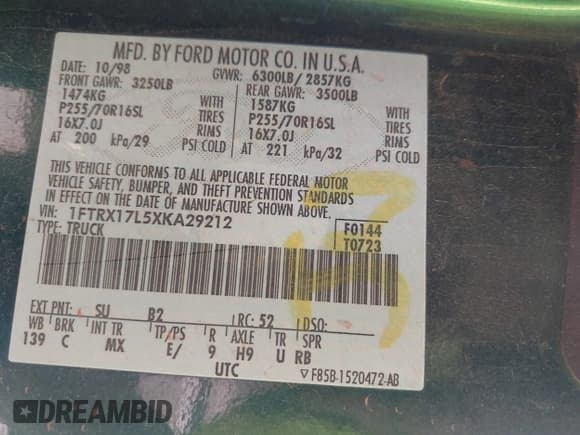 ✅ 1999 Ford F-150 XL • VIN: 1FTRX17L5XKA29212 • Lot: 42359916. Listed on IAAI with 131,137 mi. Free auction sales archive from the USA and detailed vehicle history report at DreamBid. Image 9.