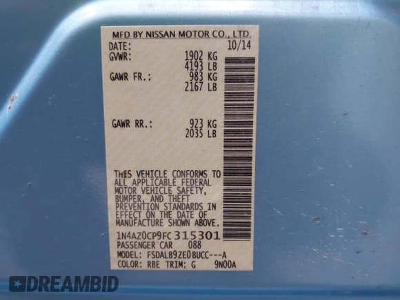 ✅ 2015 Nissan LEAF S • VIN: 1N4AZ0CP9FC315301 • Lot: 42963850. Listed on IAAI with 37,686 mi. Free auction sales archive from the USA and detailed vehicle history report at DreamBid. Image 9.