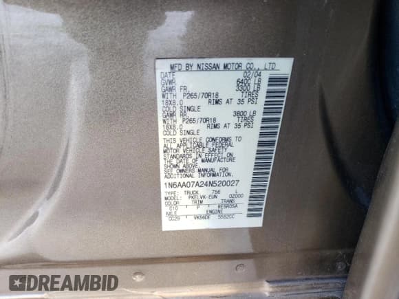 ✅ 2004 Nissan Titan XE • VIN: 1N6AA07A24N520027 • Lot: 44654665. Wystawiony na Copart z przebiegiem 254 499 mil. Bezpłatny archiwum sprzedaży aukcyjnych z USA i szczegółowy raport historii pojazdu na DreamBid. Zdjęcie 12.