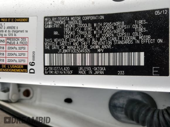 ✅ 2012 Lexus GX 460 • VIN: JTJBM7FX3C5049305 • Lot: 92739665. Listed on Copart with 49,671 mi. Free auction sales archive from the USA and detailed vehicle history report at DreamBid. Image 13.