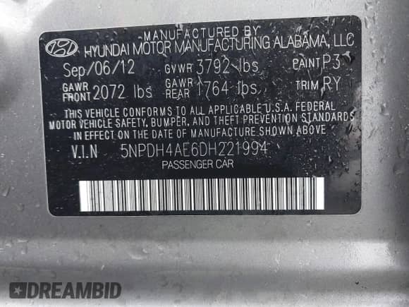 2013 Hyundai Elantra GLS with VIN 5NPDH4AE6DH221994, listed as a IAAI auction lot 43516204 with 156,425 mi miles and . Bid and sale history available at DreamBid. Image 9.