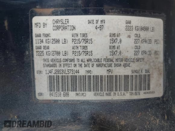 ✅ 1997 Jeep Cherokee SE • VIN: 1J4FJ28S3VL573144 • Lot: 41965201. Wystawiony na IAAI z przebiegiem 298 276 mil. Bezpłatny archiwum sprzedaży aukcyjnych z USA i szczegółowy raport historii pojazdu na DreamBid. Zdjęcie 9.